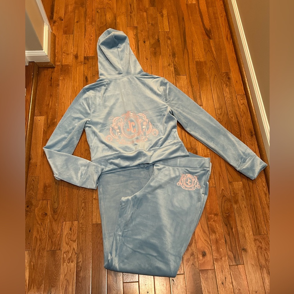Juicy Couture Velour Tracksuit Heritage Blue Size L Hoodie Jacket And Pant